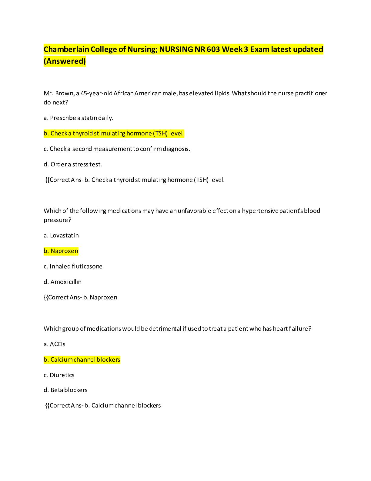Preview image for Chamberlain College of Nursing; NURSING NR 603 Week 3 Exam latest updated (Answered)